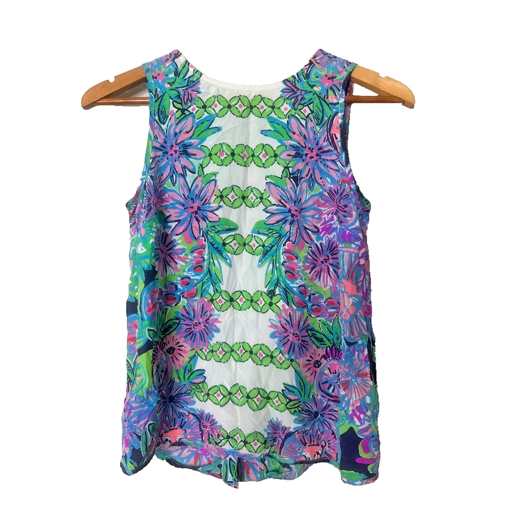 Lilly Pulitzer Iona Sleeveless Shell Tank Silk Top XS Gold Button Tropical Beach